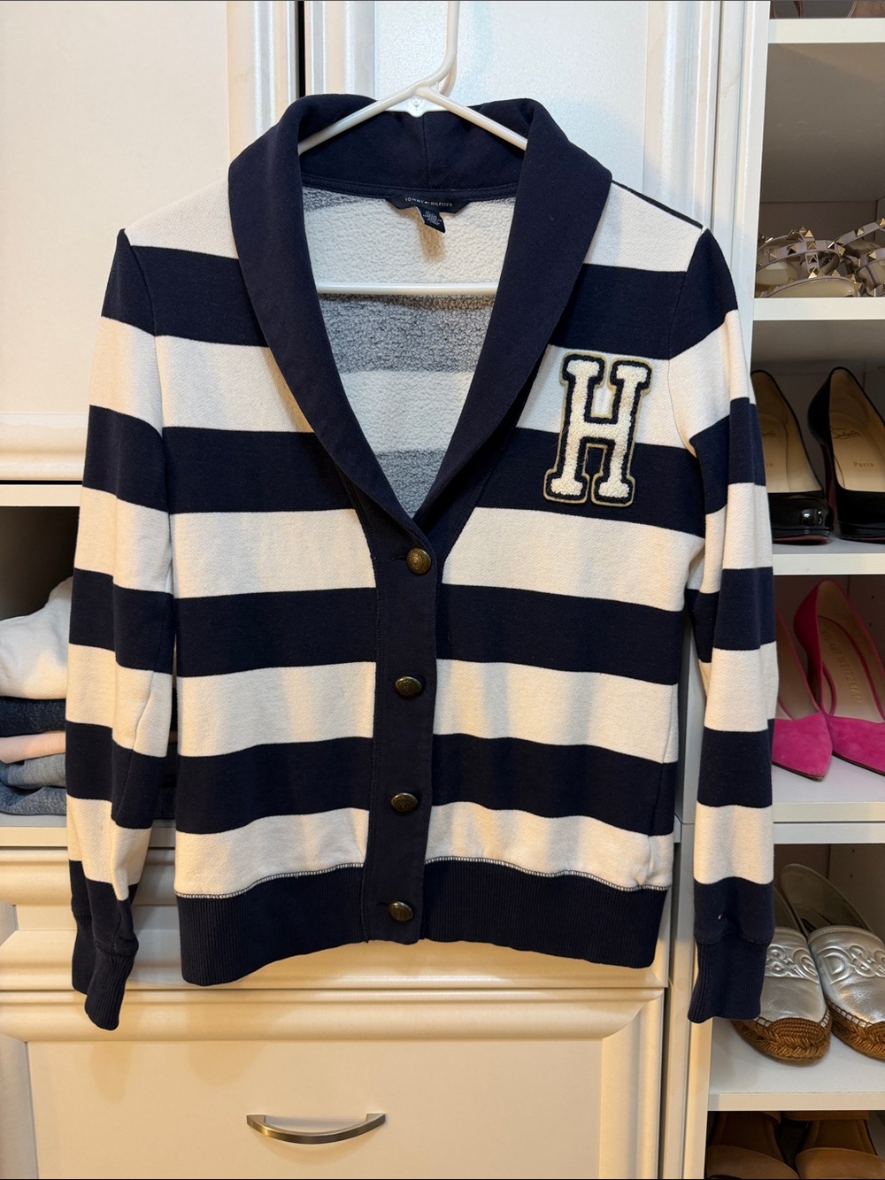 Tommy Hilfiger Navy & White Striped Shawl Collar Cardigan